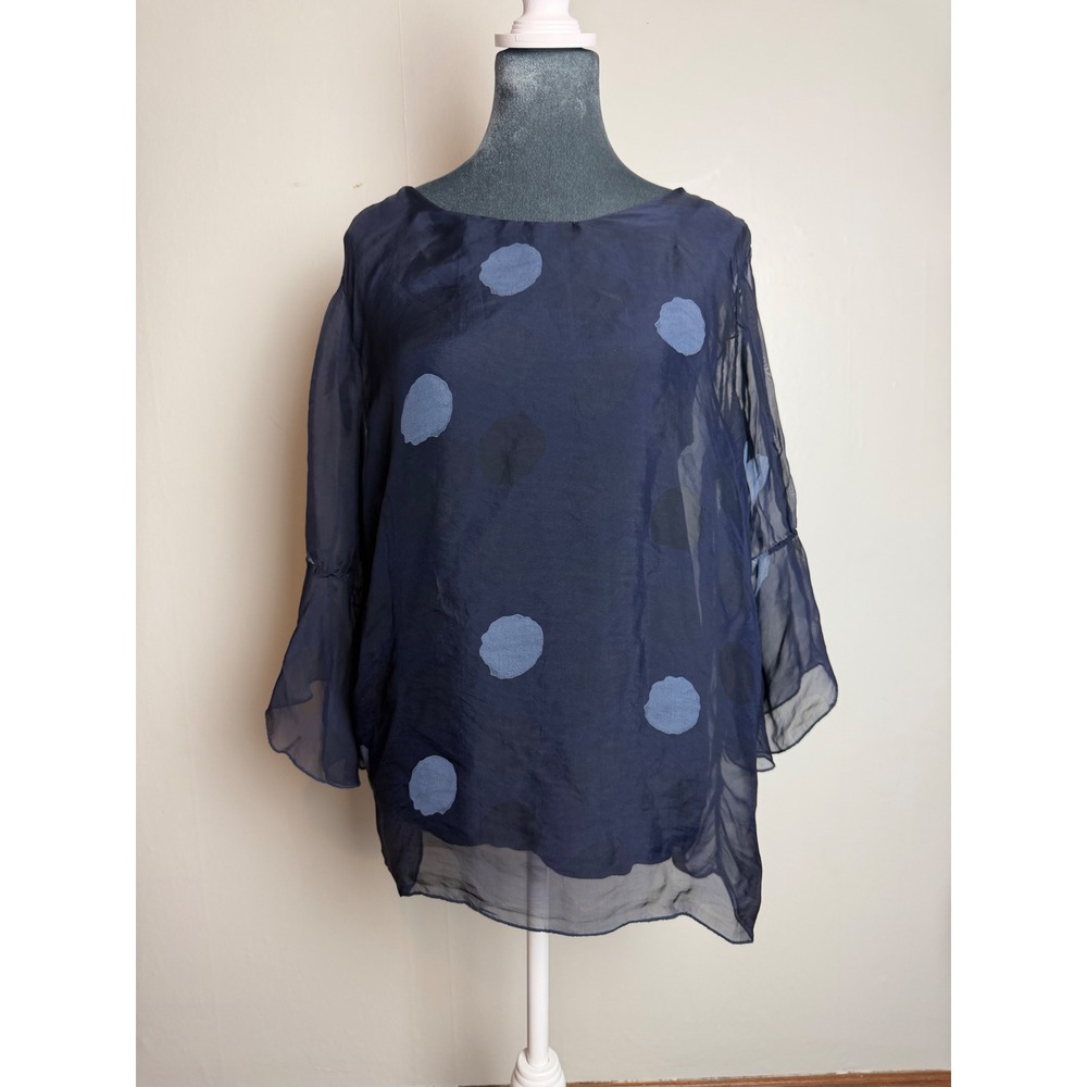 Made in Italy Navy Blue Sheer Silk Blend Polka Dot Bell Sleeve Blouse boxy large